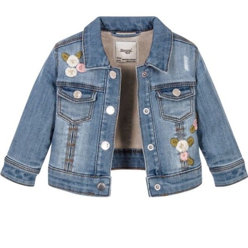 Mayoral Girl Baby Floral Embroidered Jean Jacket Fuzzy Lining sz 6 Months